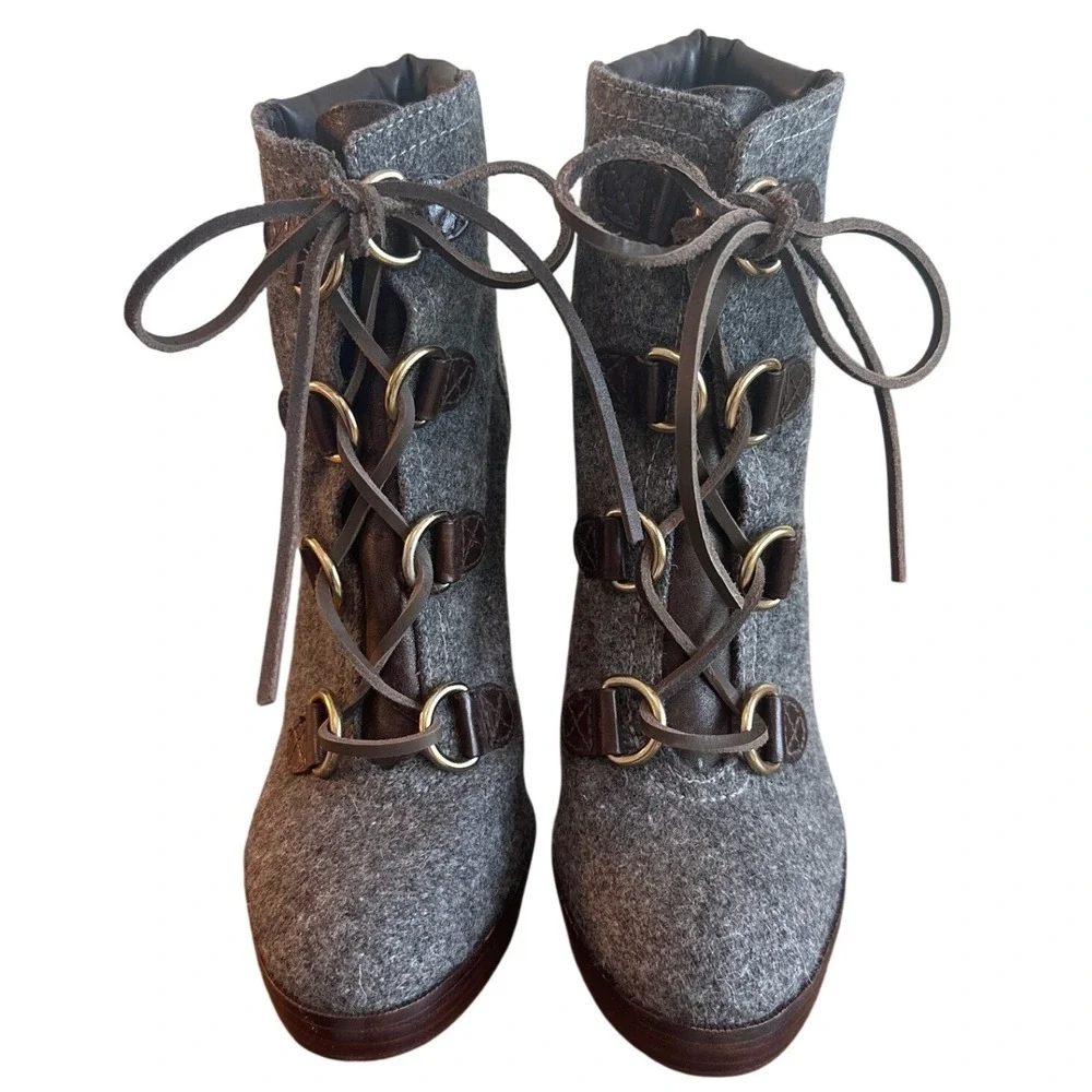 Tory Burch Lawson Grey Flannel Leather Platform Lace-Up Booties 10